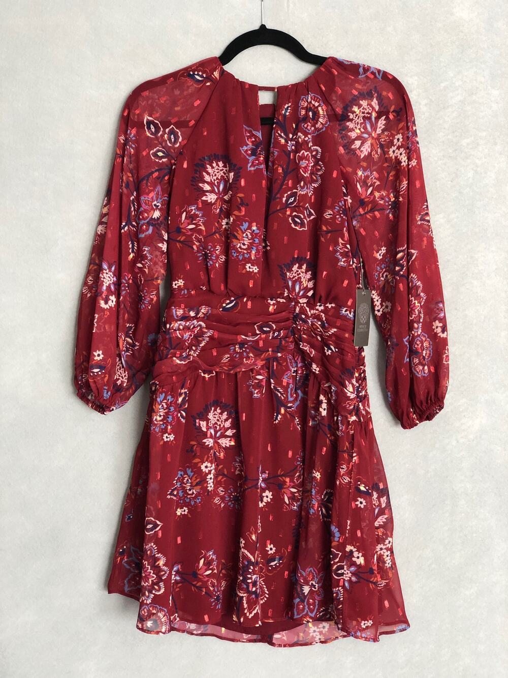 Vince Camuto Floral Dress Puff Sleeve Chiffon Burgundy Women's Size 0 NEW
